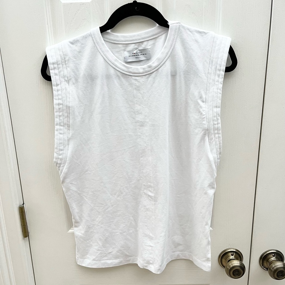 Sold Out brand small women’s knit white box top with midline stitching detail